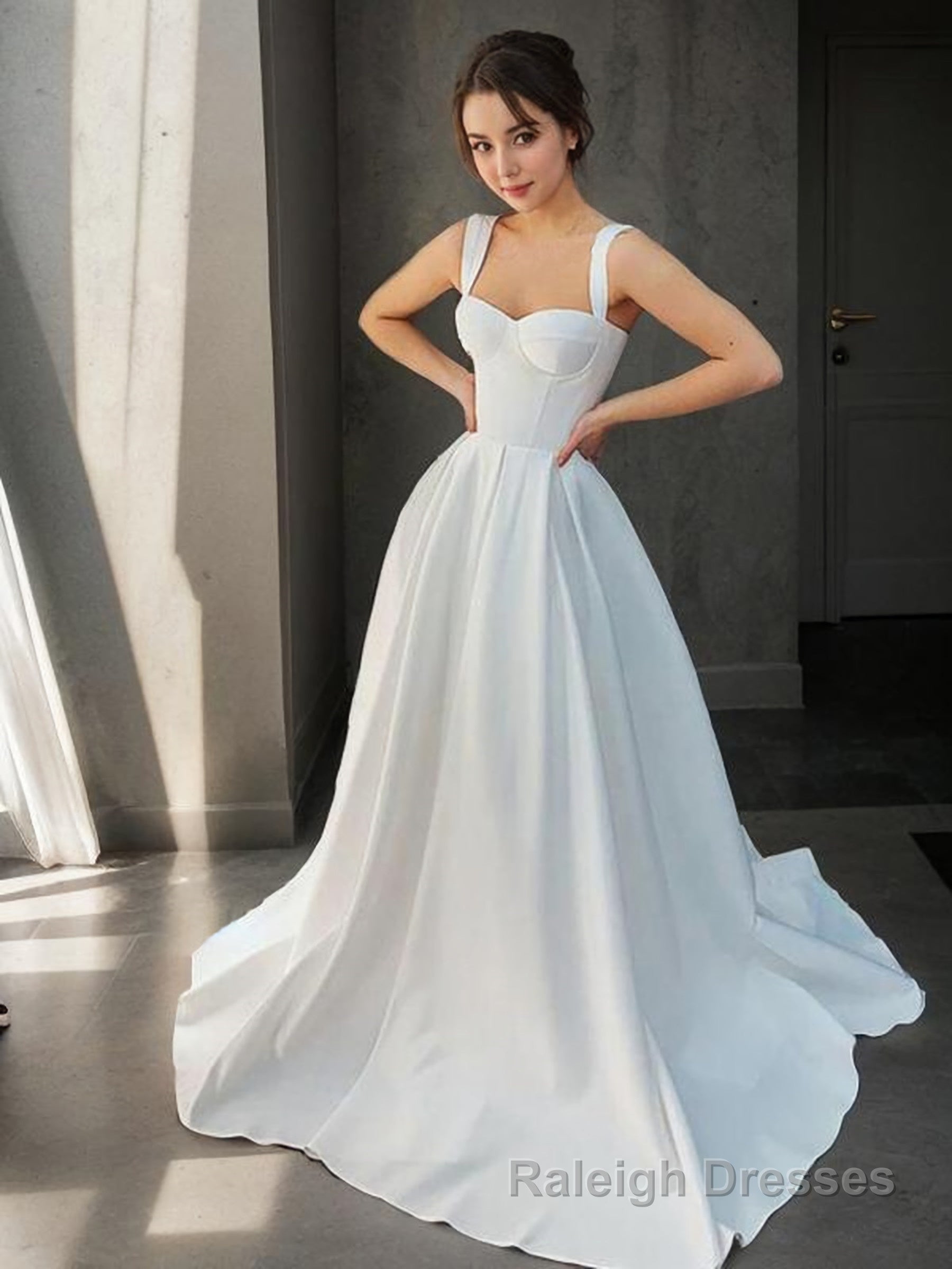 A-Line/Princess Straps Sweep Train Satin Wedding Dresses Main image
