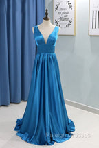 A-line Sweep Train Sleeveless Satin V-Neck Bridesmaid Dresses