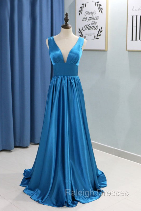 A-line Sweep Train Sleeveless Satin V-Neck Bridesmaid Dresses