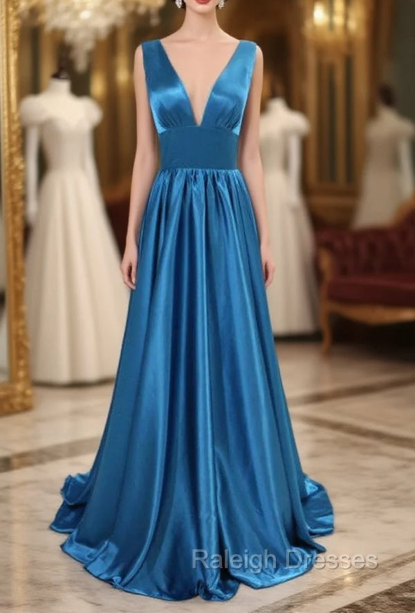 A-line Sweep Train Sleeveless Satin V-Neck Bridesmaid Dresses
