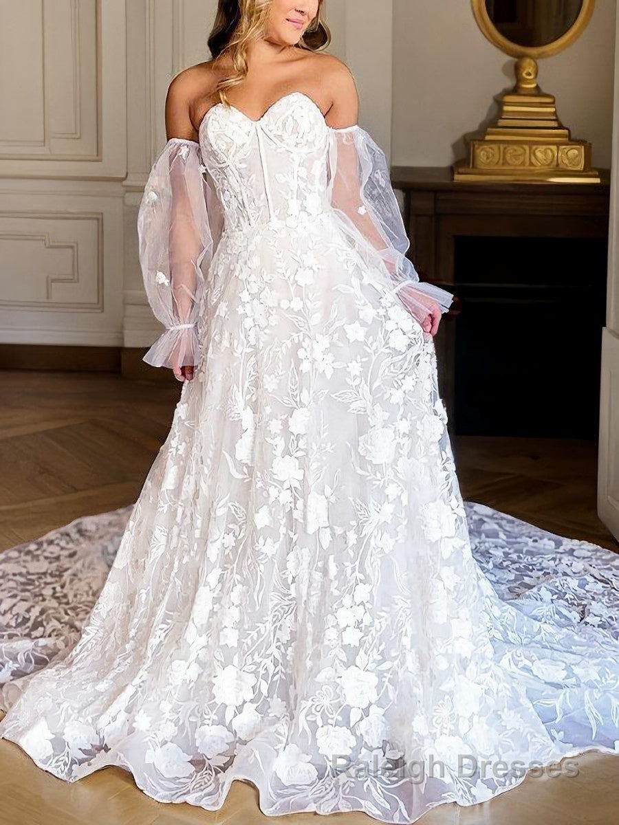 A Line Sweetheart Cathedral Train Lace Wedding Dresses With Appliques Lace