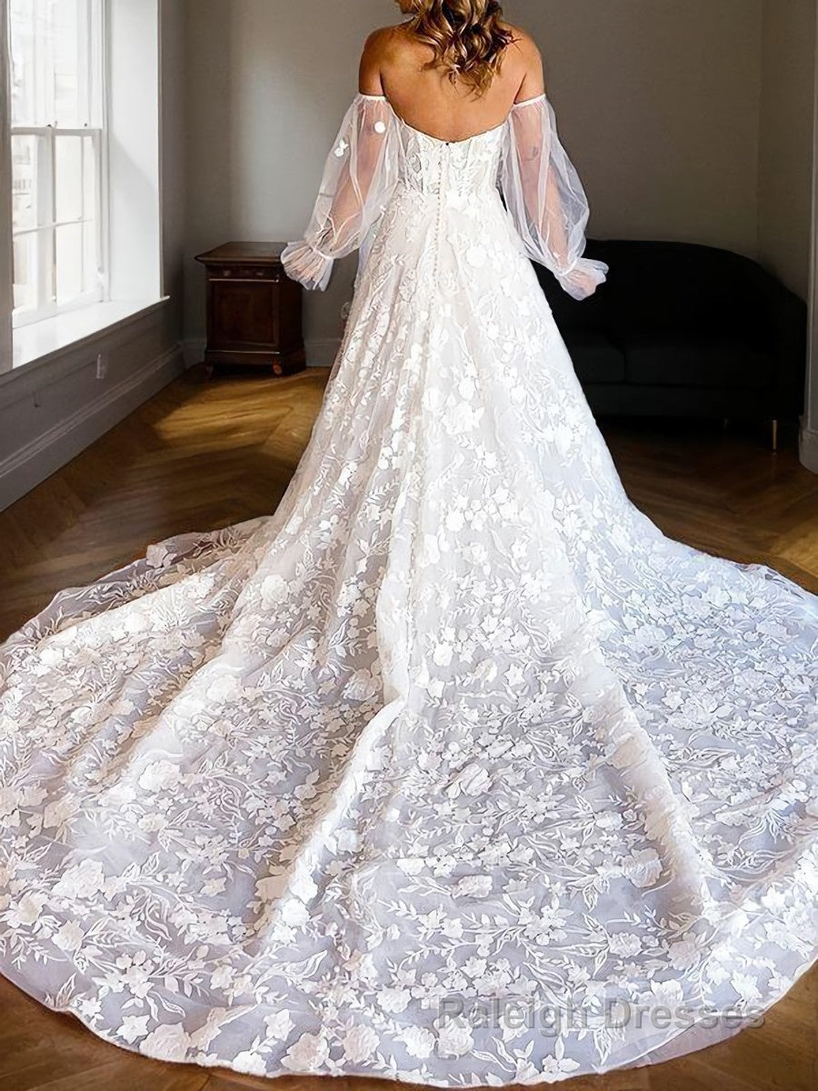 A Line Sweetheart Cathedral Train Lace Wedding Dresses With Appliques Lace Secondary image
