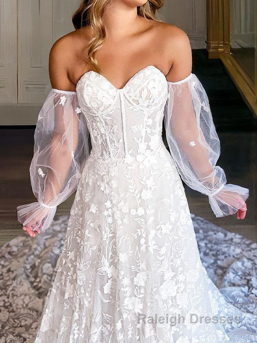 A Line Sweetheart Cathedral Train Lace Wedding Dresses With Appliques Lace