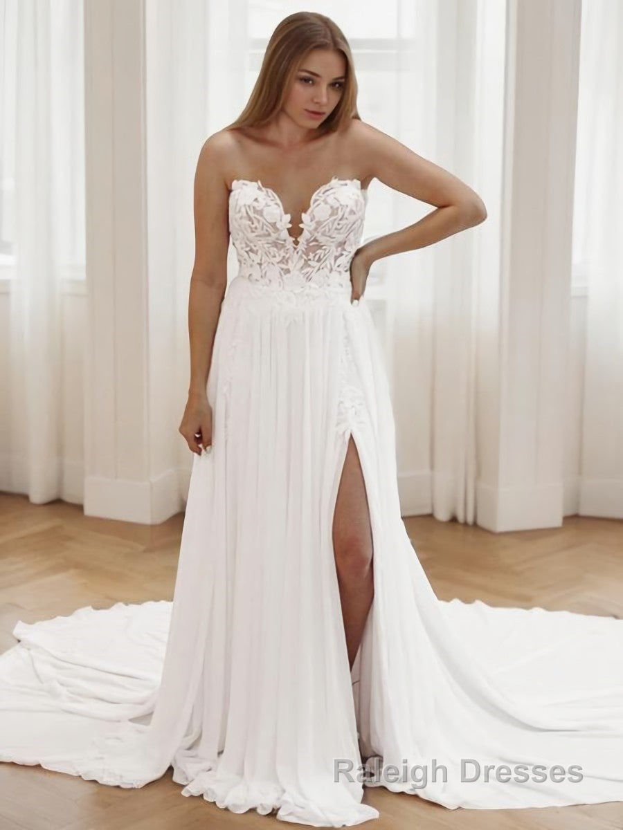 A Line Sweetheart Chapel Train Chiffon Wedding Dresses With Leg Slit