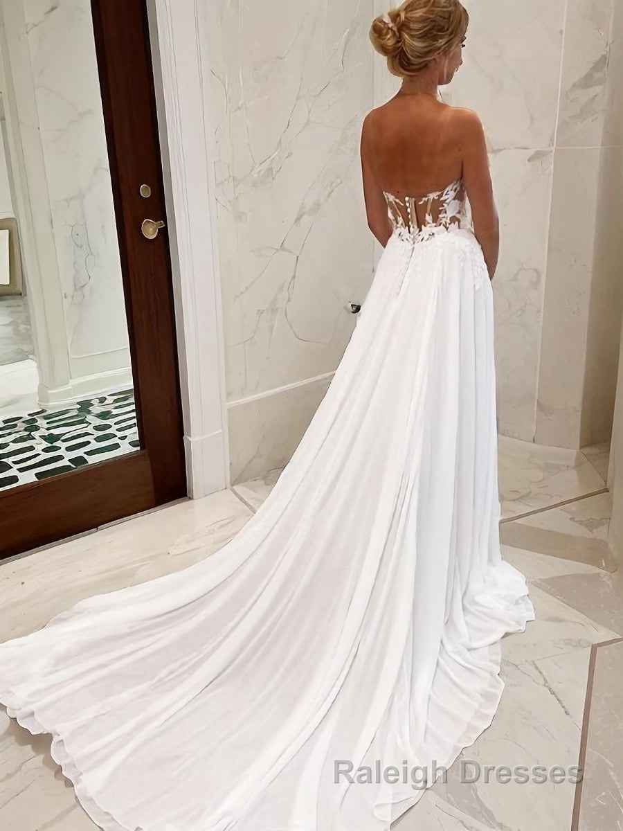 A Line Sweetheart Chapel Train Chiffon Wedding Dresses With Leg Slit