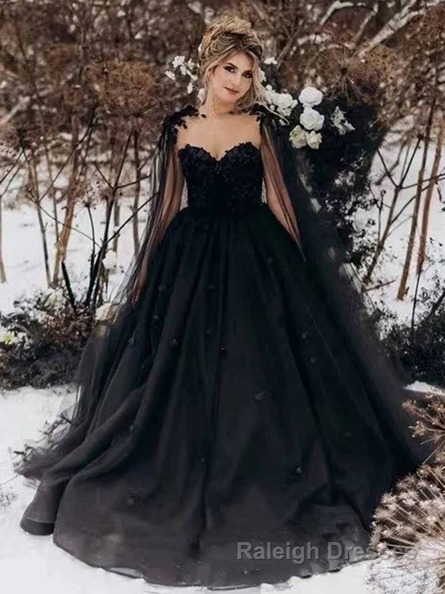 A Line Sweetheart Court Train Tulle Wedding Dress with Appliques Lace Main image