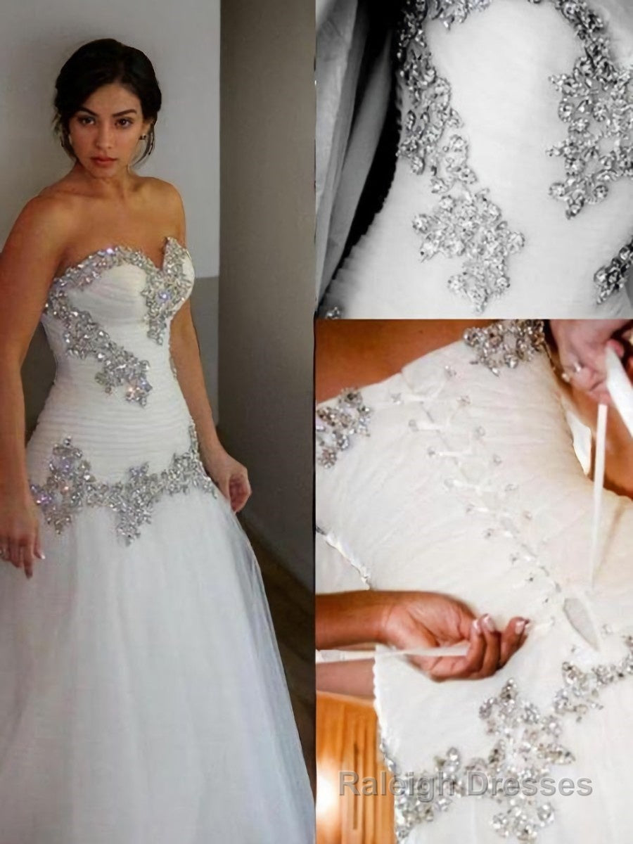 A Line Sweetheart Floor Length Tulle Wedding Dresses With Rhinestone
