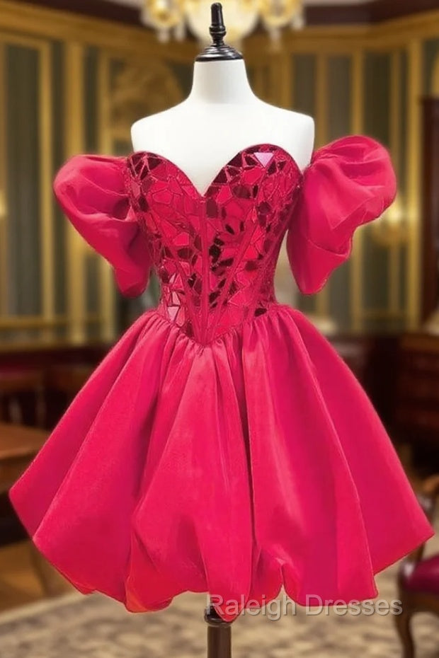 A Line Princess Sweetheart Short Sleeve Short Mini Satin Homecoming Dress with Sequins Bubble S10237003H