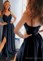 A-line/Princess Sweetheart Sleeveless Long/Floor-Length Charmeuse Prom Dresses With Split Lace