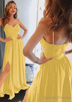 A Line Sweetheart Sleeveless Long Dress Floor Length Charmeuse Prom Dress With Split Lace