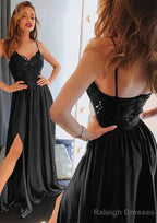 A-line/Princess Sweetheart Sleeveless Long/Floor-Length Charmeuse Prom Dresses With Split Lace
