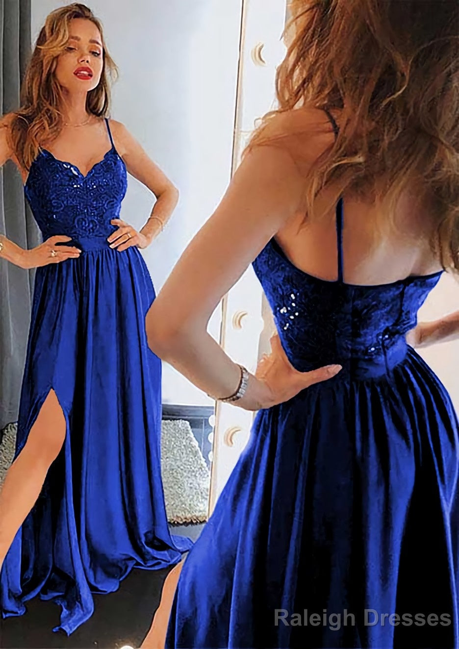 A Line Sweetheart Sleeveless Long Dress Floor Length Charmeuse Prom Dress With Split Lace