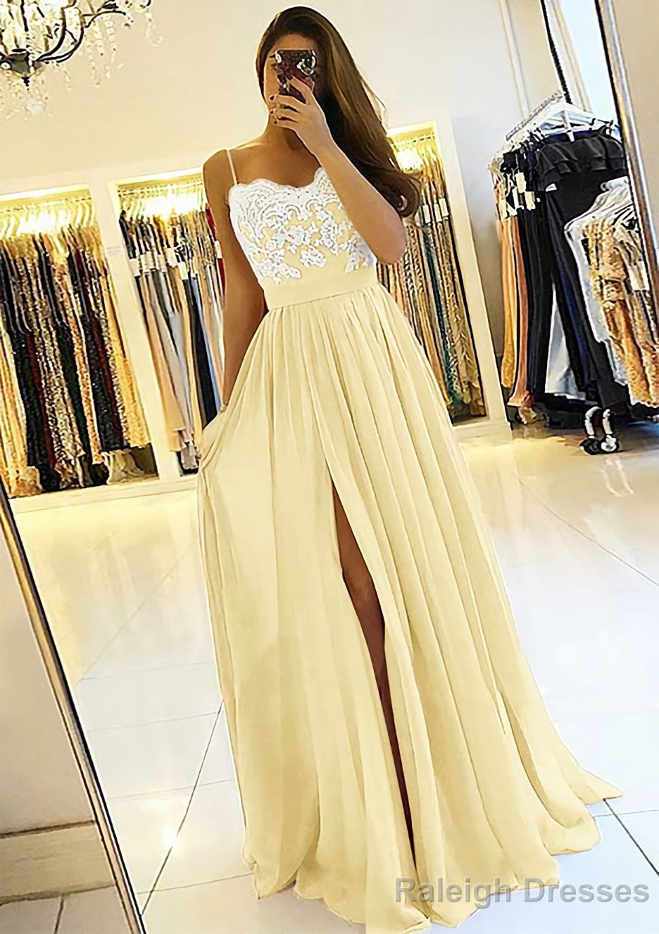A Line Sweetheart Sleeveless Long Dress Floor Length Chiffon Prom Dress With Split Appliqued
