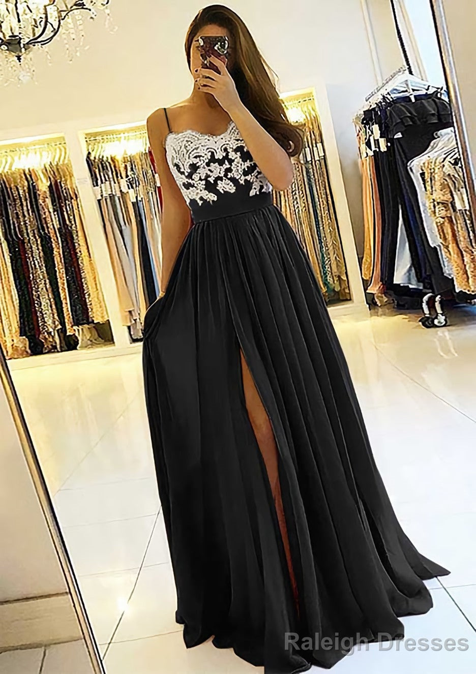 A Line Sweetheart Sleeveless Long Dress Floor Length Chiffon Prom Dress With Split Appliqued