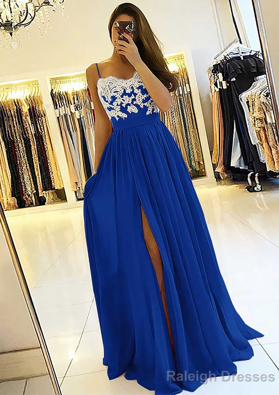 A Line Sweetheart Sleeveless Long Dress Floor Length Chiffon Prom Dress With Split Appliqued