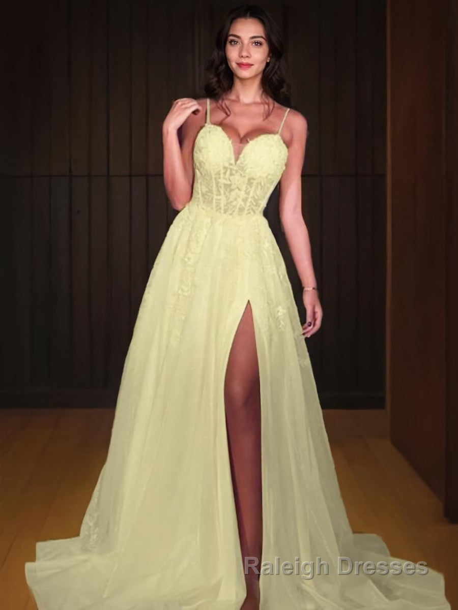 A Line Sweetheart Sweep Train Lace Prom Dresses With Leg Slit