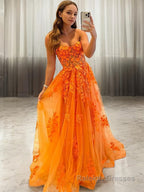 A Line Sweetheart Sweep Train Tulle Prom Dresses With Appliques Lace