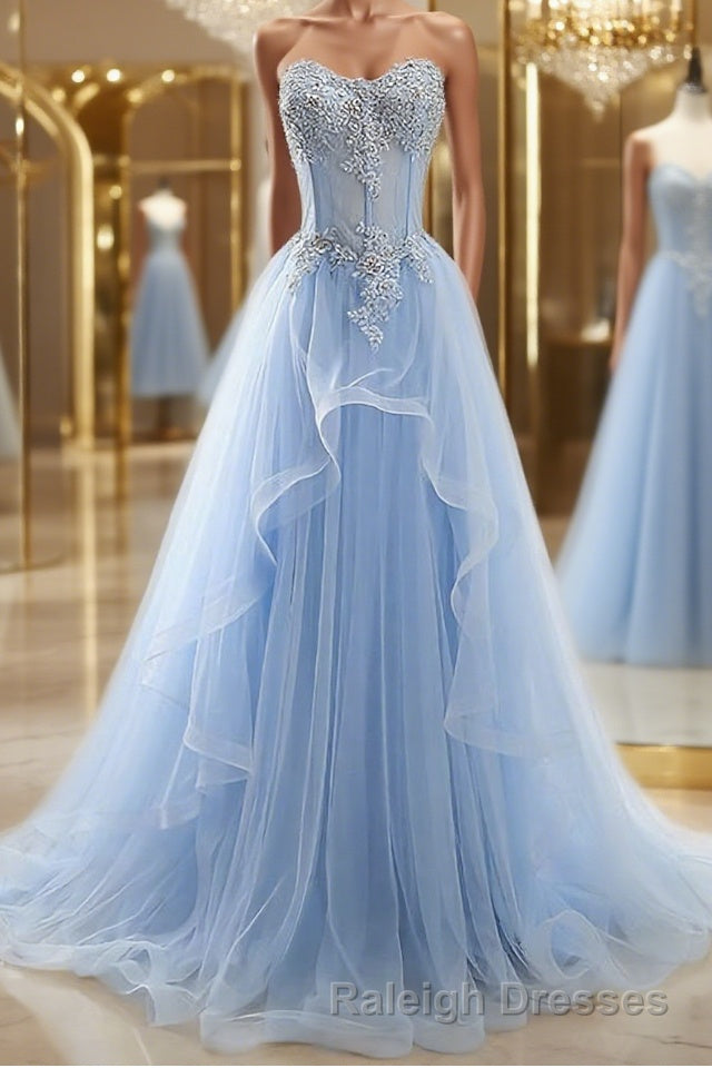 A-Line/Princess Sweetheart Sweep Train Tulle Prom Dresses With Appliques Lace Main image