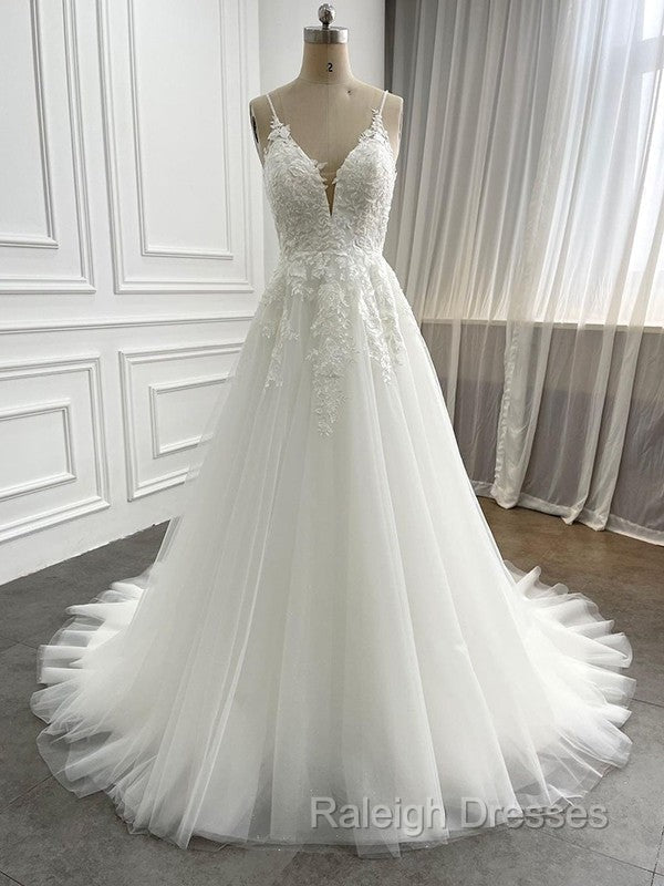 A-line Tulle Applique V-Neck Sleeveless Chapel Train Wedding Dress