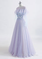 A-line Tulle Jewel Floor-Length Prom Dresses With Beaded Lace Appliques