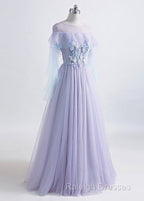 A-line Tulle Jewel Floor-Length Prom Dresses With Beaded Lace Appliques