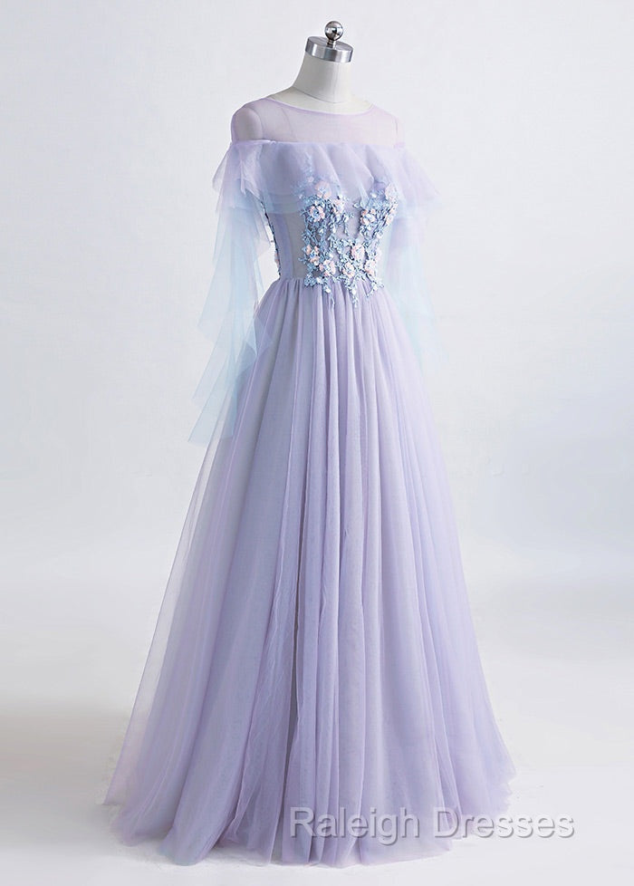A-line Tulle Jewel Floor-Length Prom Dresses With Beaded Lace Appliques