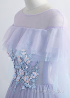 A-line Tulle Jewel Floor-Length Prom Dresses With Beaded Lace Appliques
