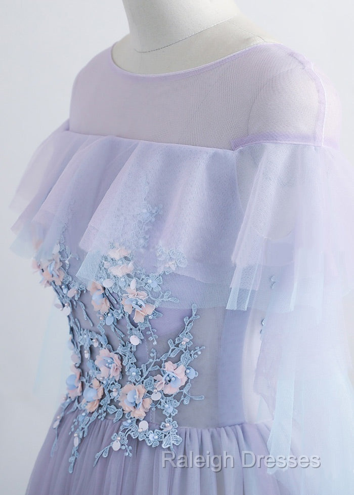 A-line Tulle Jewel Floor-Length Prom Dresses With Beaded Lace Appliques