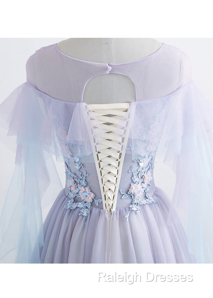 A-line Tulle Jewel Floor-Length Prom Dresses With Beaded Lace Appliques