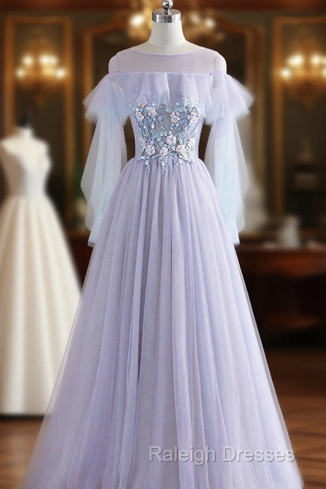 A-Line/Princess Tulle Jewel Floor-Length Prom Dress With Beaded Lace Appliques