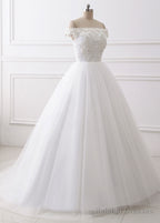 A-Line/Princess Tulle Off-The-Shoulder Appliques Lace Wedding Dresses