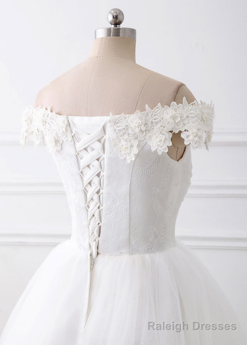 A-Line/Princess Tulle Off-The-Shoulder Appliques Lace Wedding Dress