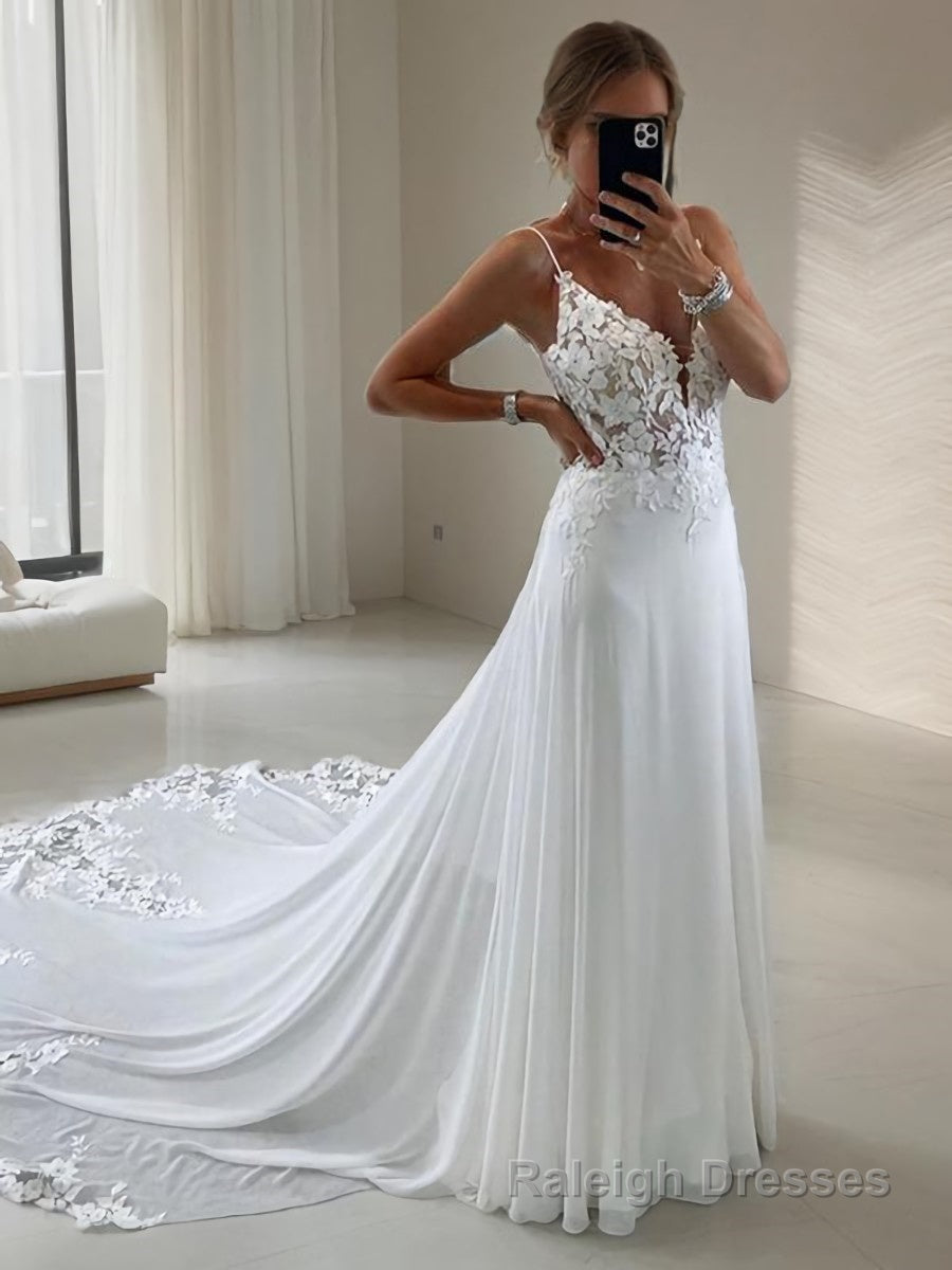 A-Line/Princess V-neck Chapel Train Chiffon Wedding Dresses With Appliques Lace Main image