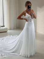 A Line V Neck Chapel Train Chiffon Wedding Dresses With Appliques Lace