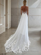 A Line V Neck Chapel Train Chiffon Wedding Dresses With Appliques Lace
