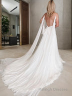 A Line V Neck Chapel Train Chiffon Wedding Dresses With Leg Slit