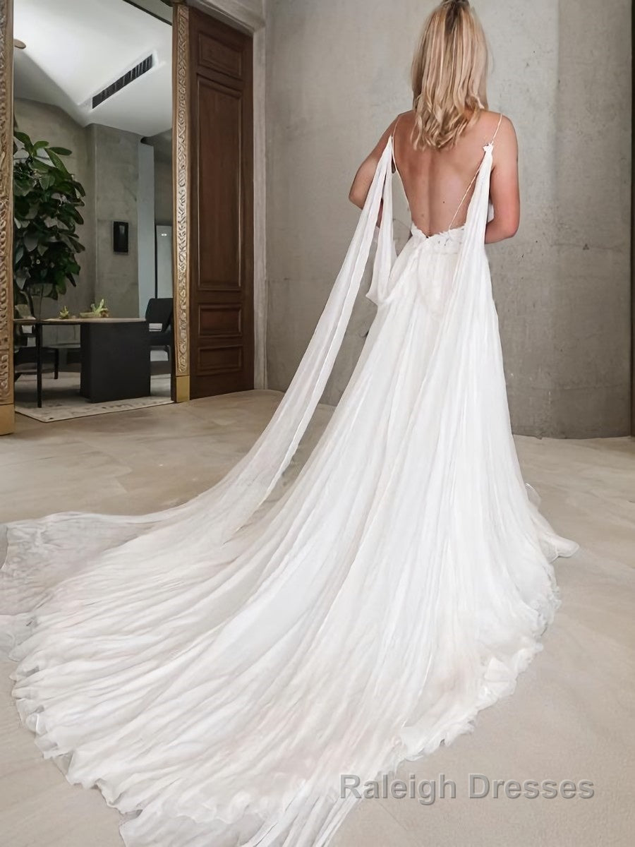A Line V Neck Chapel Train Chiffon Wedding Dresses With Leg Slit