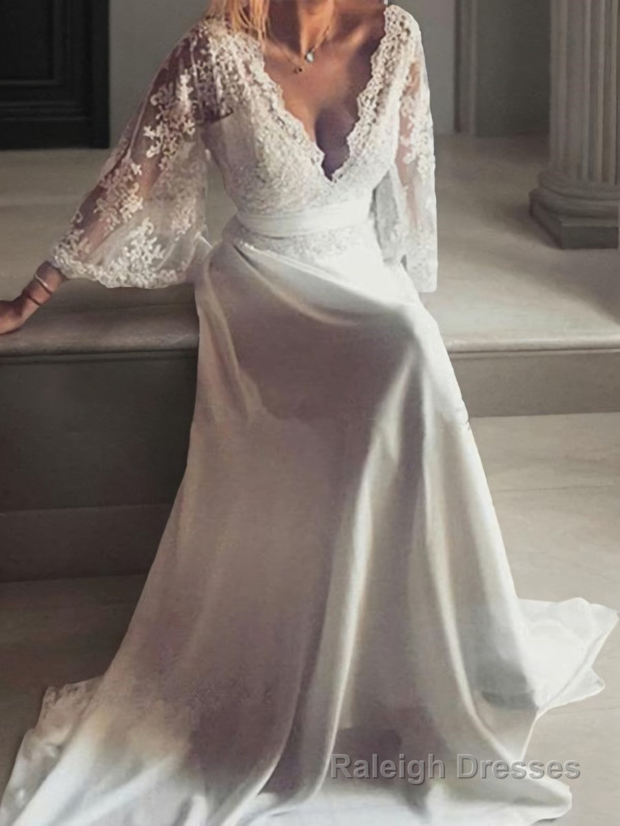 A Line V Neck Court Train Lace Wedding Dresses With Belt/Sash Main image