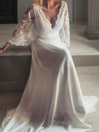 A Line V Neck Court Train Lace Wedding Dresses With Belt/Sash