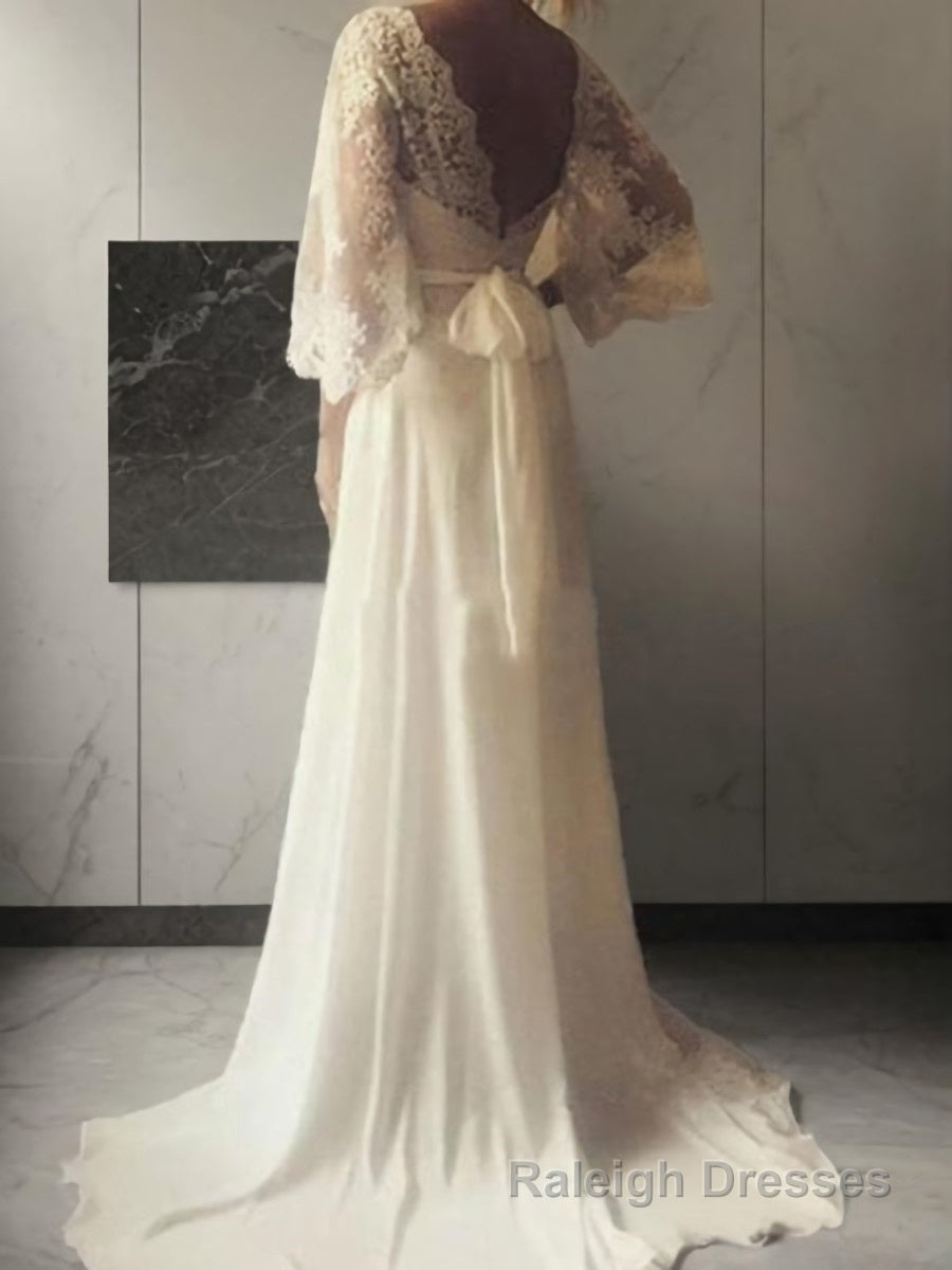 A Line V Neck Court Train Lace Wedding Dresses With Belt/Sash Secondary image