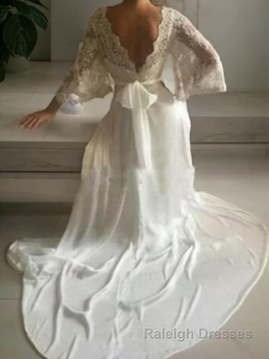 A Line V Neck Court Train Lace Wedding Dresses With Belt/Sash