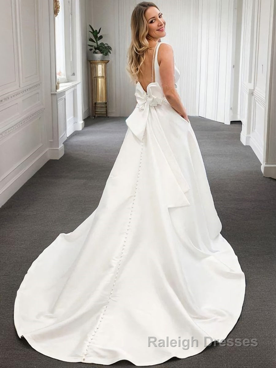 A Line V Neck Court Train Satin Wedding Dresses With Bow Secondary image