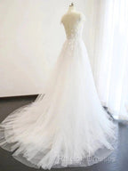 A-line V-Neck Court Train Short Sleeves Applique Tulle Wedding Dress