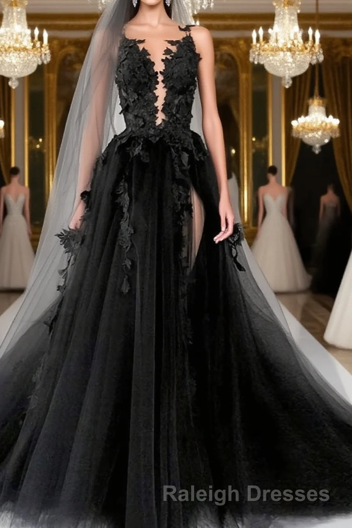 A Line V Neck Court Train Tulle Wedding Dresses with Appliques Lace Main image