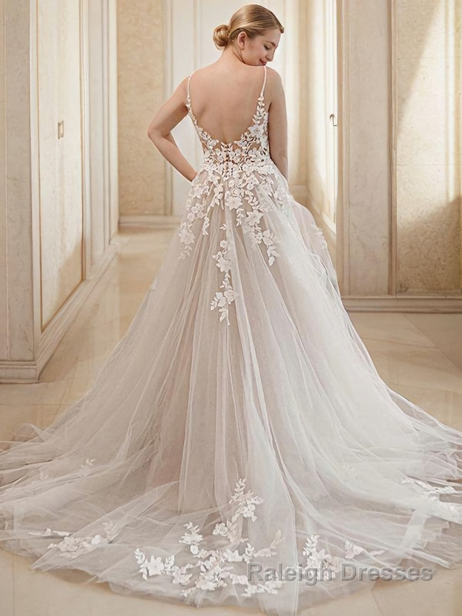 A-Line/Princess V-neck Court Train Tulle Wedding Dresses With Appliques Lace Secondary image