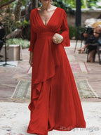 A Line V Neck Floor Length Chiffon Mother of the Bride Dress With Ruffles