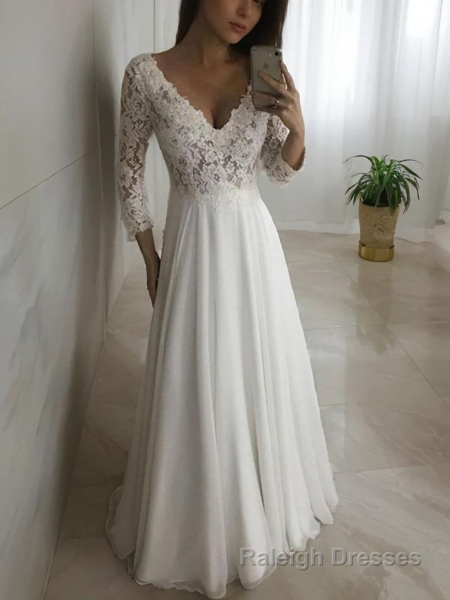 A-Line/Princess V-neck Floor-Length Chiffon Wedding Dresses With Appliques Lace Main image