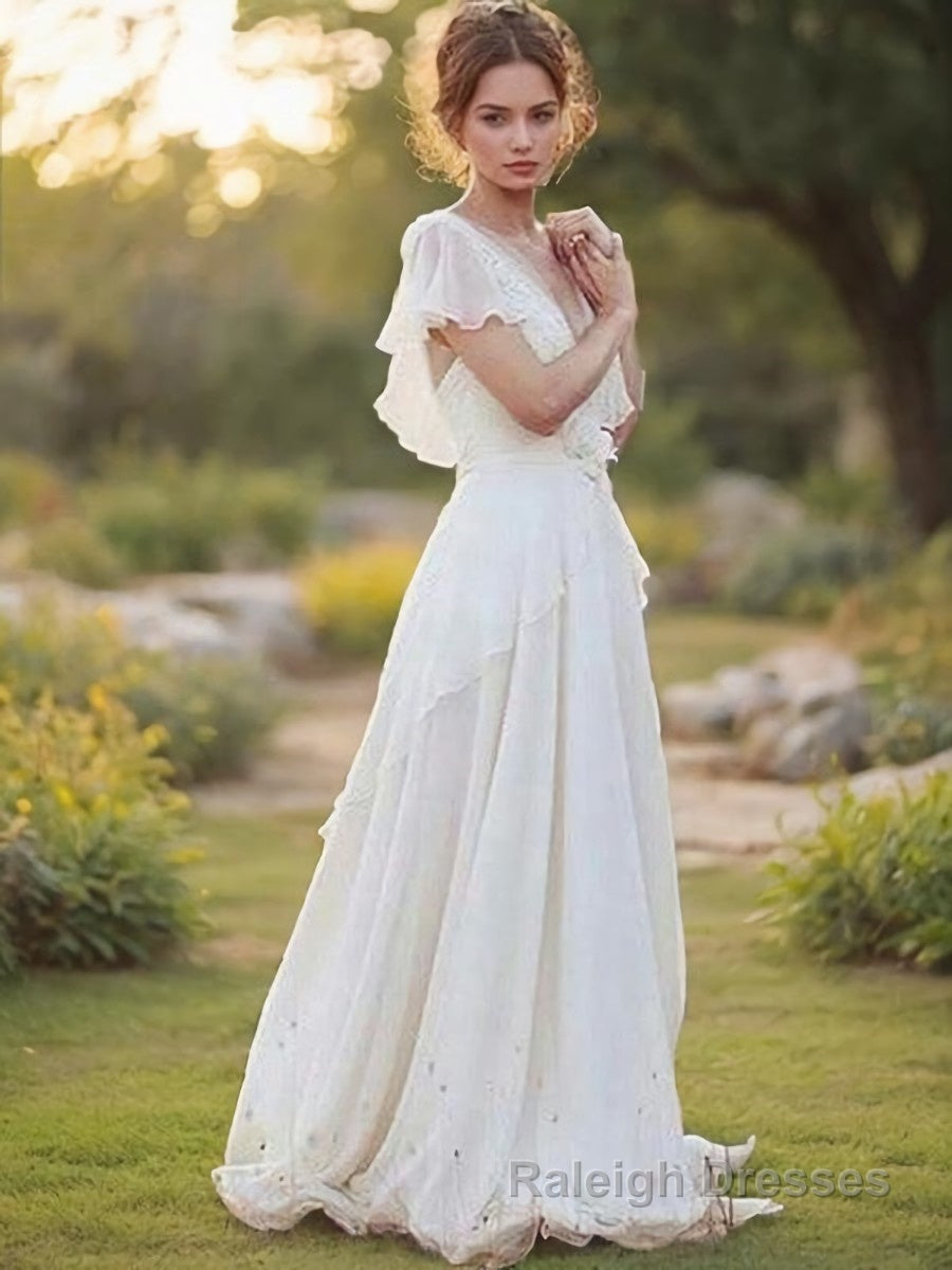 A-Line/Princess V-neck Floor-Length Chiffon Wedding Dresses With Belt/Sash Main image