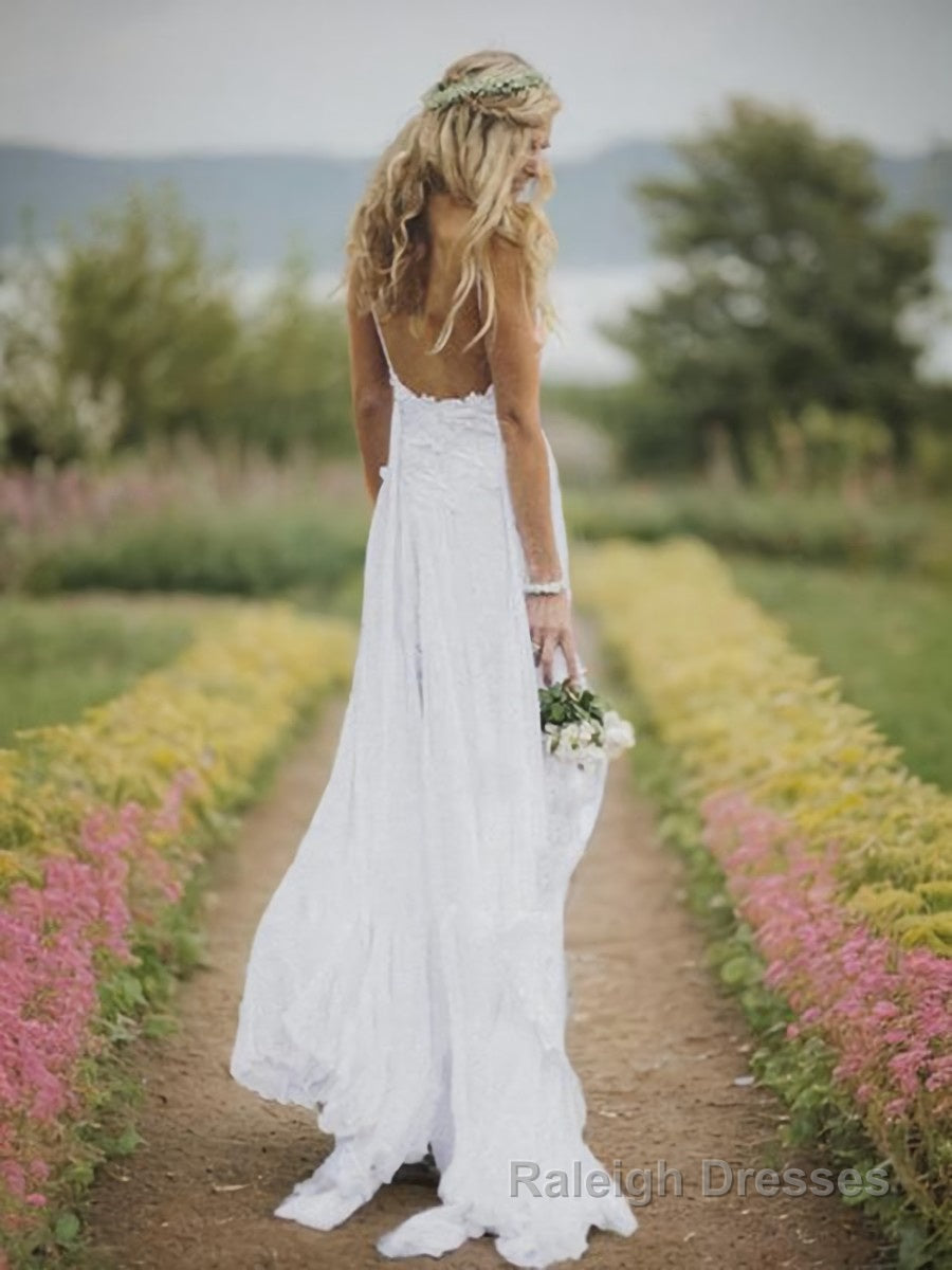 A Line V Neck Floor Length Chiffon Wedding Dresses With Leg Slit