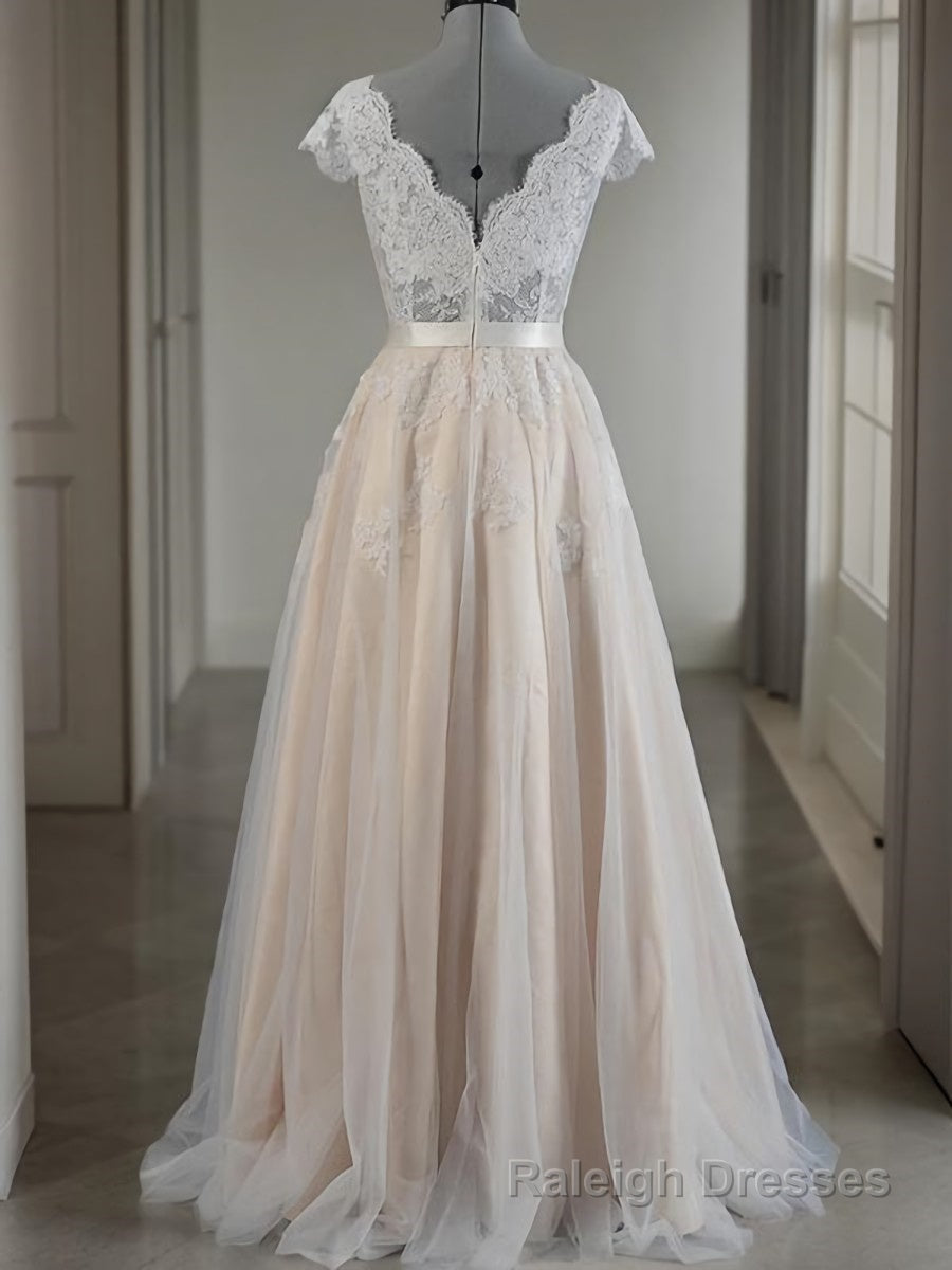 A Line V Neck Floor Length Lace Wedding Dresses With Appliques Lace